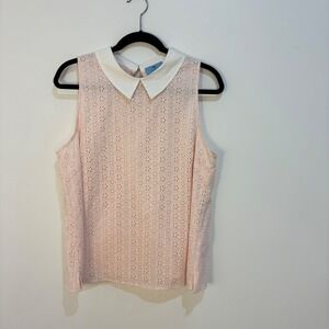 CeCe Sleeveless Top Eyelet Cotton Contrast Collar Pink Preppy Coquette Large